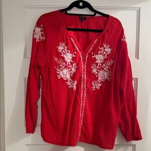 Talbots Red Blouse with White Floral Design